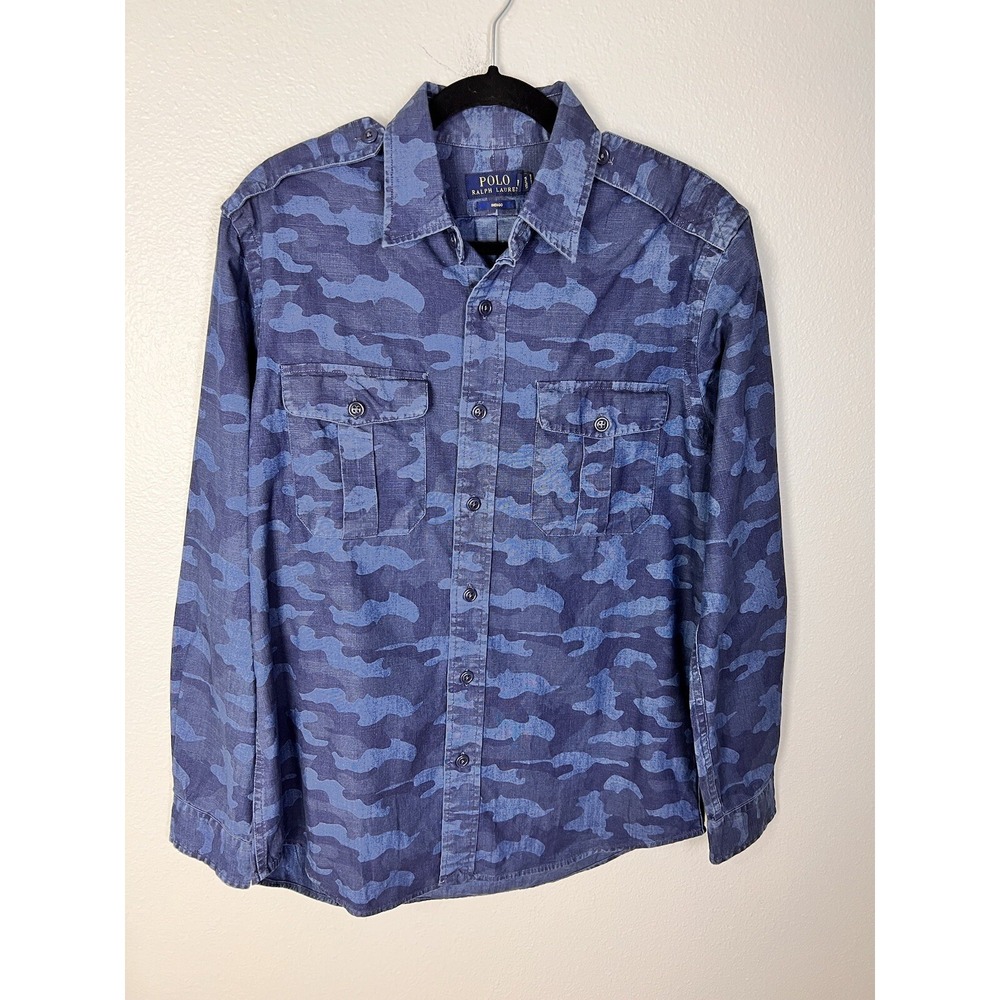 Polo Ralph Lauren Classic Fit Indigo Cotton Chambray Camo Shirt Sz Medium